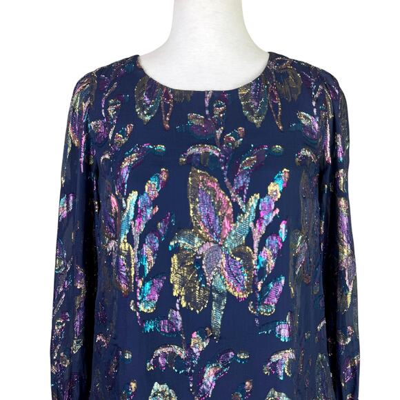 Lilly Pulitzer Lambert Navy Metallic Multicolor Sparkle Long Sleeve Silk Top - Picture 6 of 15